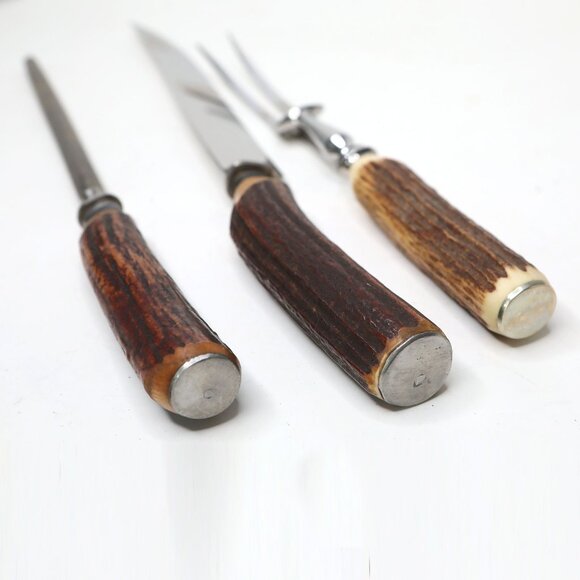 VINTAGE CARVERS SHEFFIELD Staghorn Carving Set  Knife Fork Sharpener Horn Handle - Picture 6 of 12